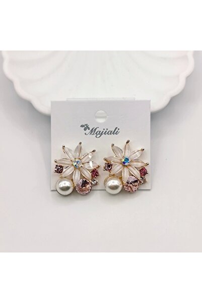 TakıDolabı لؤلؤة مطرز زهرة تصميم نموذج أقراط نسائية ذهبية اللون