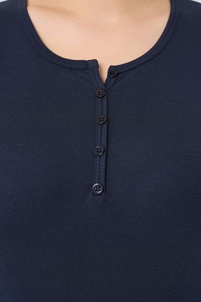 BANEGA Curve Women's Large Size Cotton Lycra Crew Neck Button Detailed Basic Plain Navy Blue Blouse