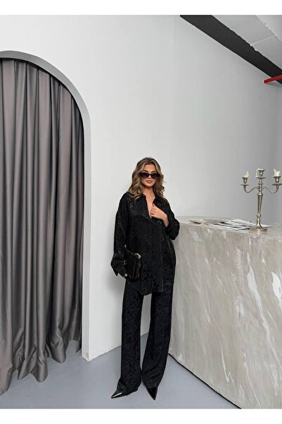 TİENDEROPA Women's Leopard Print Satin Bottom Top Set Shirt Elastic Waist Pants