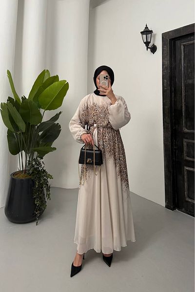 Neşeli Butik Women Leopard Print Chiffon Islamic Dress Nms055