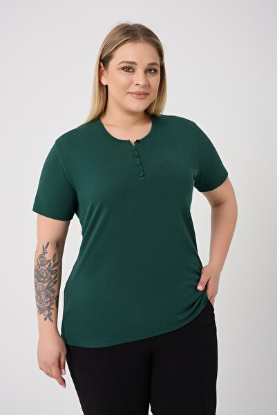 BANEGA Curve γυναικεία μπλούζα μεγάλου μεγέθους από βαμβακερή λύκρα με λαιμόκοψη με λεπτομέρεια Basic απλή πράσινη μπλούζα