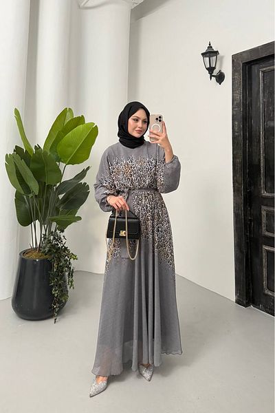 Neşeli Butik γυναικείο φόρεμα σιφόν με λεοπάρ στάμπα NMS055