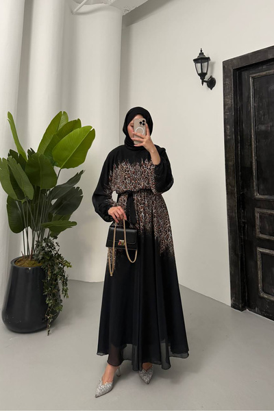 Neşeli Butik rochie hijab din sifon cu imprimeu leopard pentru femei NMS055