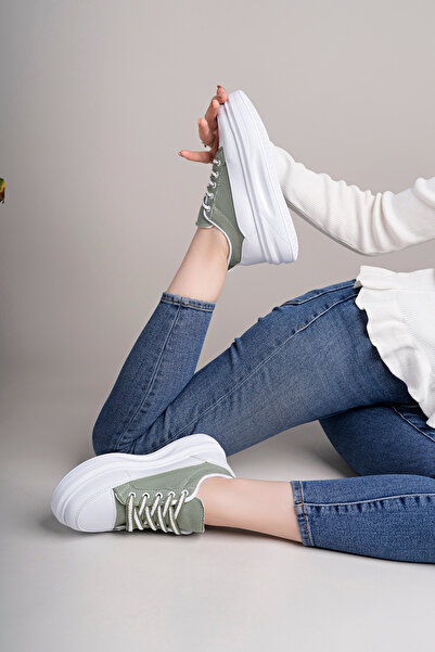 pasyone Green Women's High Sole Checkerboard Patterned Casual Shoes