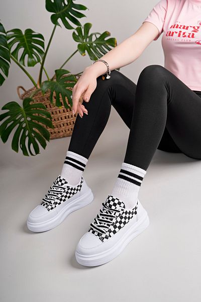 pasyone Pantofi casual de damă albi cu talpă înaltă cu model de șah