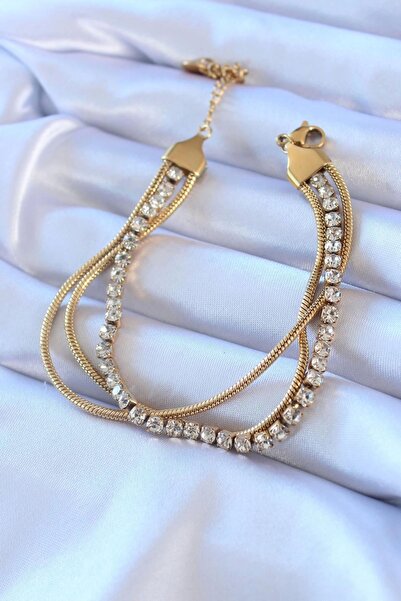 TakıDolabı سوار نسائي من الفولاذ الملون باللون الذهبي مع حجر الزركون