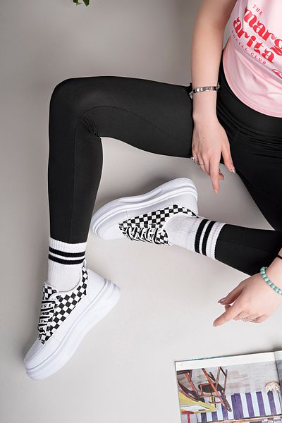 pasyone Pantofi casual de damă albi cu talpă înaltă cu model de șah