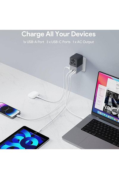 AUKEY محول ترافل ميت 100 واط GaN عالمي مع منافذ USB، أسود