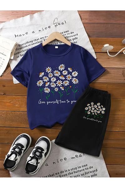 MORNİNG KİDS Girl's Navy Blue-Black Daisies Printed Shorts-T-Shirt Set
