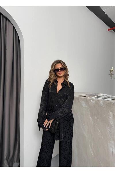 TİENDEROPA Women's Leopard Print Satin Bottom Top Set Shirt Elastic Waist Pants