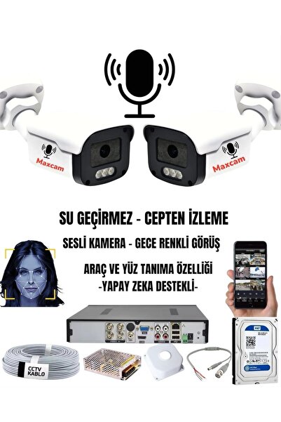 maxcam 2 Kameralı Sesli 5mp - Gece Renkli Araç Ve Yüz Tanımalı Kamera Sistemi...