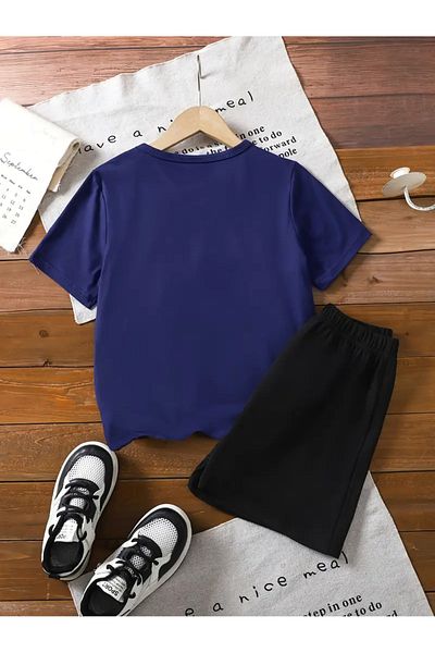MORNİNG KİDS Girl's Navy Blue-Black Daisies Printed Shorts-T-Shirt Set