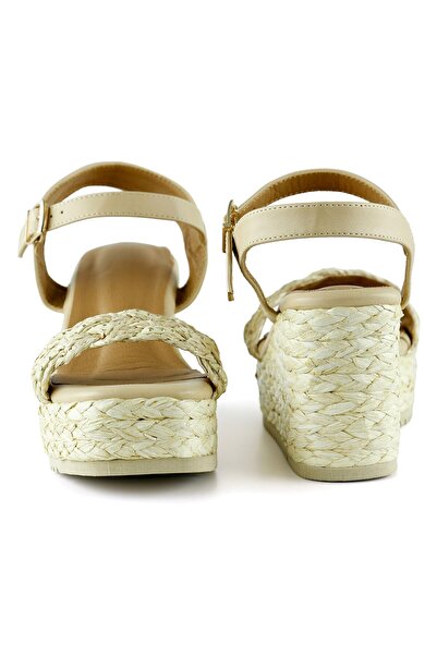 Erkan Saçmacı Beige Pearl Embroidered Buckle Straw Weave Look Wedge Heeled Sandals