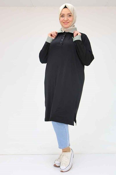 Eslina 58042 Large Size Combed Cotton Tunic with Collar and Cuff Garnish - Nefti
