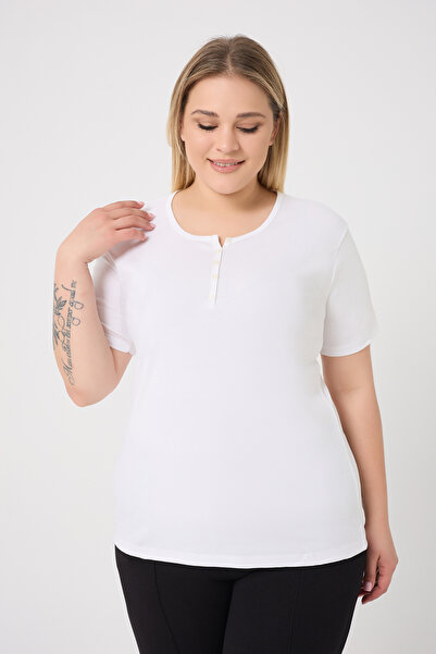 BANEGA Curve Women's Large Size Cotton Lycra Crew Neck Button Detailed Basic Plain White Blouse