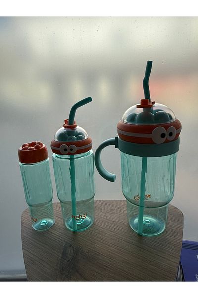 MİMOZA PARK 3-Piece Cute Straw Flask Plastic Bpa-Free (Large Size with Handle)