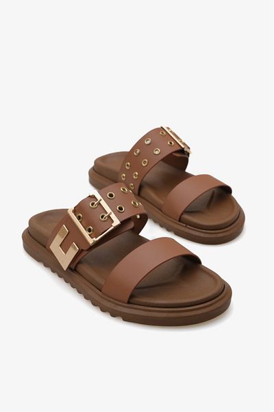LOJO Γυναικείες casual παντόφλες με διπλό λουράκι χρυσό trock πόρπη genty