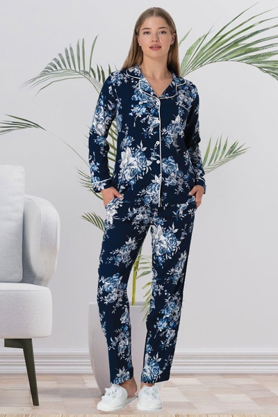 By Mecit Pijama Floral Print Navy Blue Length Buttoned Women's Pajamas Set