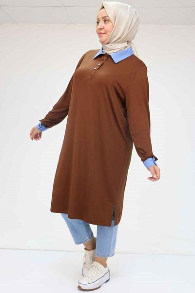 Eslina 58036 Large Size Combed Cotton Tunic with Collar and Sleeve Combination - Brown