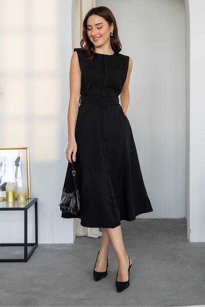 GDS BUTİK Rochie Midi Lungime cu centura - NEGRA