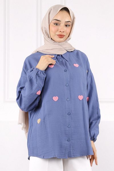 İmajButik Πουκάμισο από λινό κεντημένο Indigo Heart