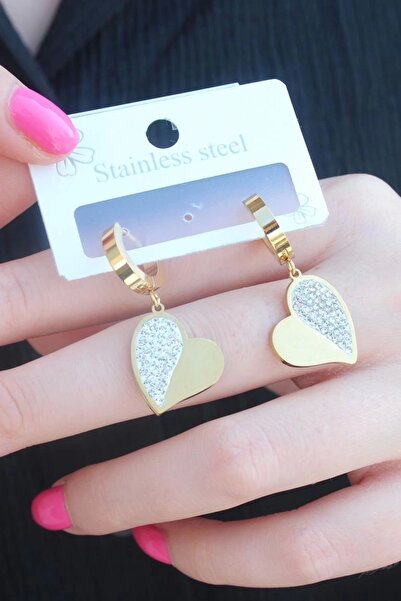 TakıDolabı الصلب الذهب اللون الزركون حجر القلب نموذج الأقراط النسائية