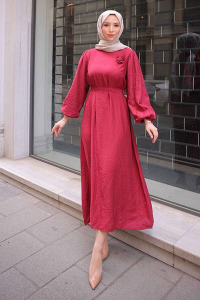 İmajButik Φόρεμα με μπορντό μπαλόνι με ζώνη