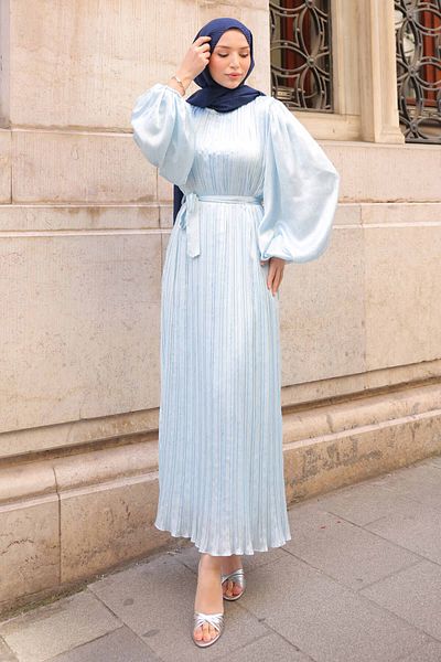 İmajButik Φόρεμα με πλισέ με μπαλόνι με ζώνη μέσης Ice Blue