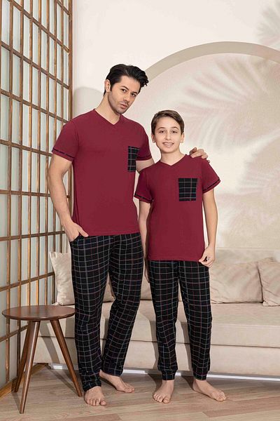 Tarık Men's Burgundy Plaid and Square Pattern Short Sleeve Father-Son Combination Summer Combed Cotton Fabric Pajama Set