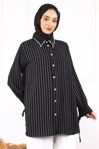 İmajButik Black Sleeve Lace Collar Stone Linda Tunic