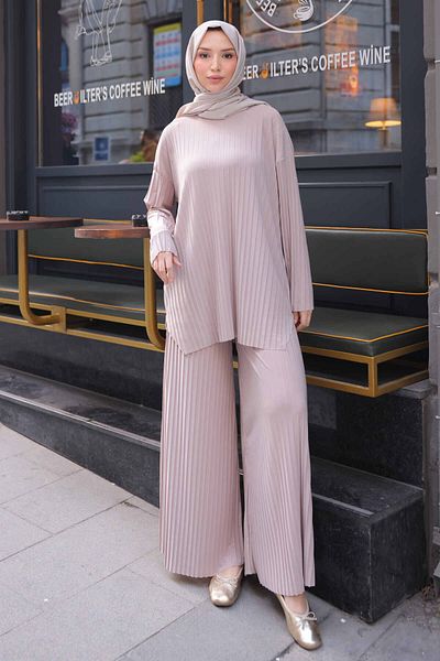 İmajButik Σετ παντελόνι μπεζ πλισέ Sandy Tunic