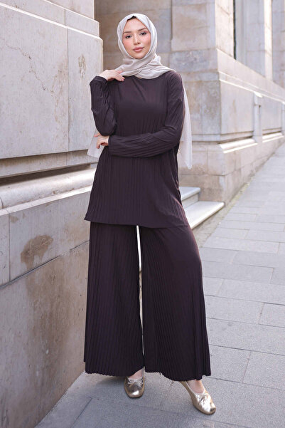 İmajButik Σετ παντελόνι καφέ πλισέ Sandy Tunic