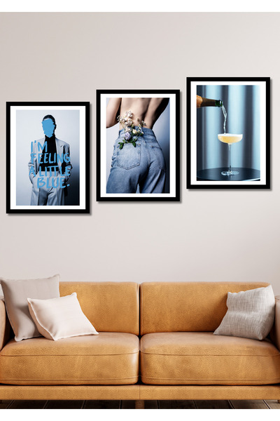 NT Handmade 3 Piece Little Blue Wall Decor Painting Set for Living Room Living Bedroom Kitchen Office