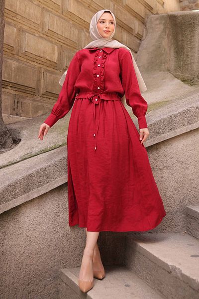 İmajButik Βουργουνδία βολάν μπροστά Modal πουκάμισο φούστα κοστούμι