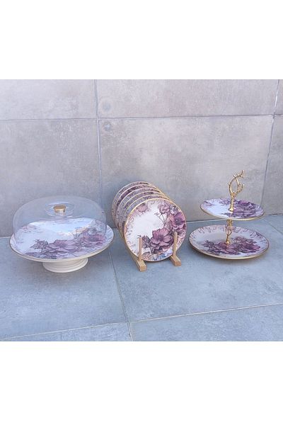 Pinkev 8 Piece Purple Floral Ceramic Cake Presentation Plate Set