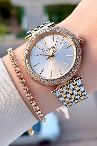 Freelook Gold Gümüş Renk 38 mm Kadın Kol Saati ve Bileklik