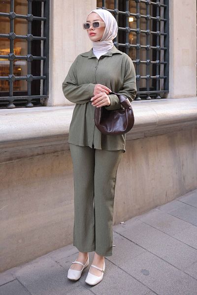 İmajButik Khaki Bürümcük Shirt Pants Set