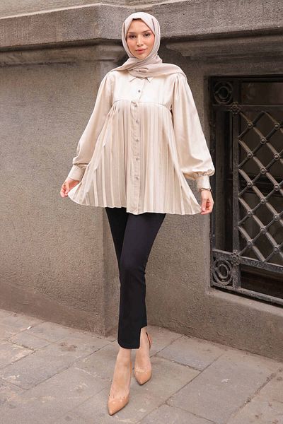 İmajButik Stone Skirt Pleated Satin Tunic