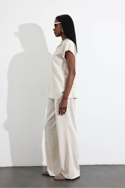 5in1Canpolat Natural Shirt Collar Blouse Pants Set