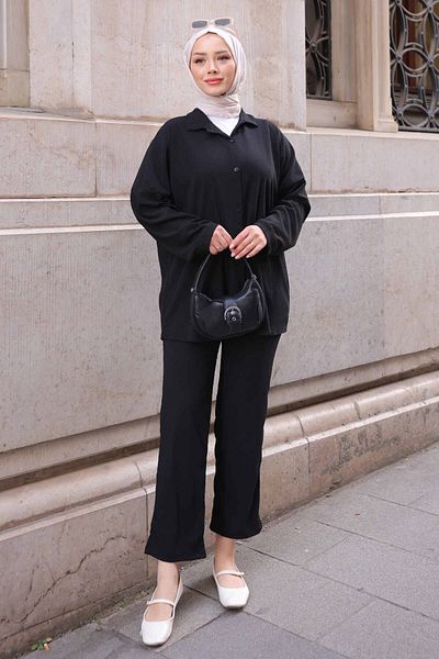 İmajButik Black Wrinkled Shirt Pants Set