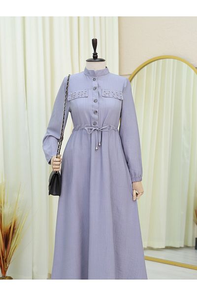 Modamorfo Stoned Pockets Tie Waist Elastic Sleeve Dress - Gray