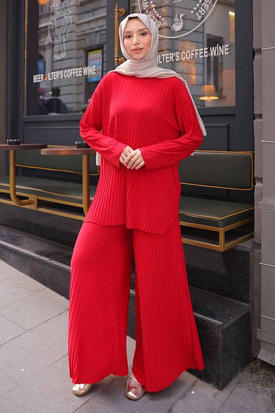 İmajButik طقم بنطال تونيك ساندي مطوي باللون الأحمر