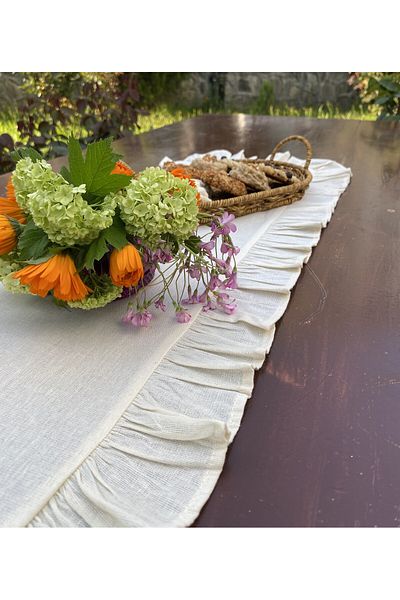 LILYUM 100% Cotton Raw Linen Ruffle Runner 30X80 cm