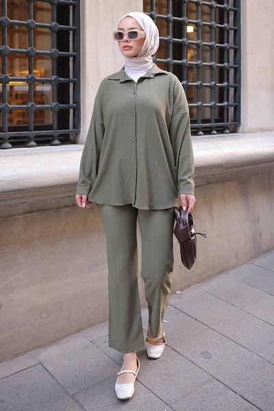 İmajButik Khaki Bürümcük Shirt Pants Set