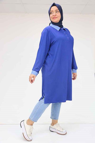 Eslina 58036 Large Size Combed Cotton Tunic with Collar and Sleeve Combination - Indigo