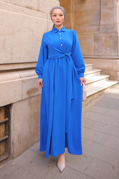 İmajButik Φόρεμα Linda με μπλε πλαϊνό δέσιμο Saks