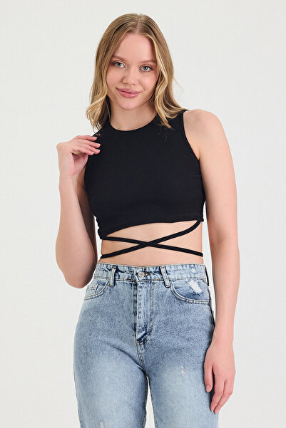 gothamvibes Women's Black Crop T-Shirt with Waist Tie