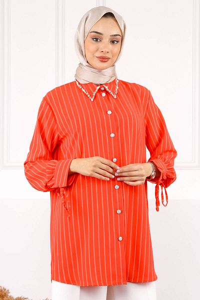 İmajButik Pomegranate Flower Sleeve Lace Collar Stone Linda Tunic
