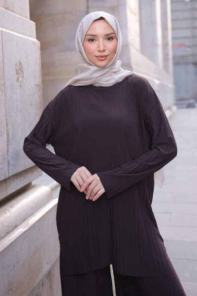 İmajButik Σετ παντελόνι καφέ πλισέ Sandy Tunic