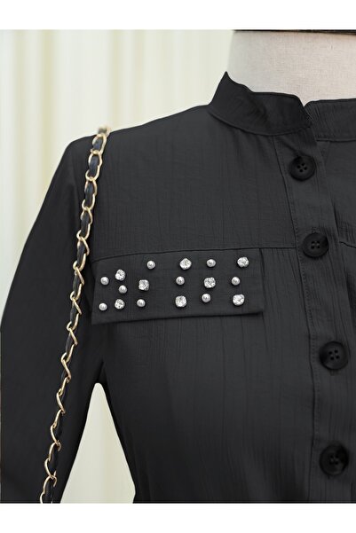 Modamorfo Stoned Waist Tie-Up Elastic Sleeve Dress - Black